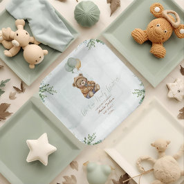 Teddy Bear Brown Sage Green Balloons Baby Pappteller
