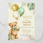 Teddy Bear Brown Sage Green Balloons Baby Shower Folieneinladung (Vorderseite)