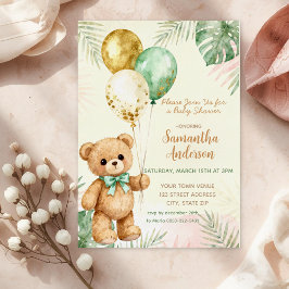 Teddy Bear Brown Sage Green Balloons Baby Shower Folieneinladung