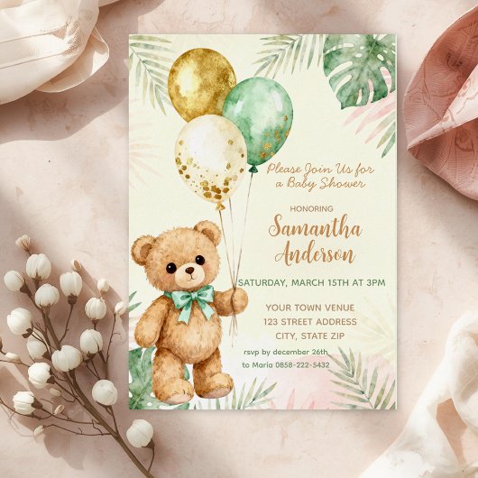 Teddy Bear Brown Sage Green Balloons Baby Shower Folieneinladung