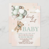 Teddy Bear Brown Sage Green Balloons Babydusche Einladung (Vorne/Hinten)