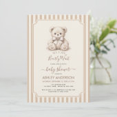 Teddy Bear & Brown Stripes Baby Shower Bearly Wait Einladung (Stehend Vorderseite)