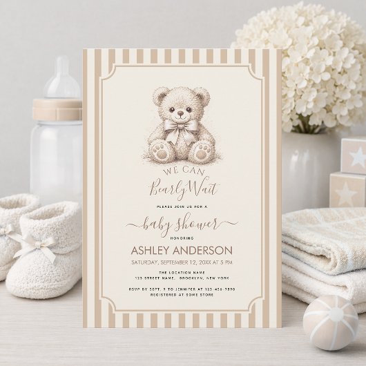 Teddy Bear & Brown Stripes Baby Shower Bearly Wait Einladung