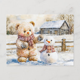 Teddy Bear Building a Snowman Postkarte