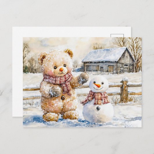 Teddy Bear Building a Snowman Postkarte (Vorne/Hinten)