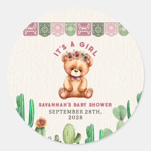 Teddy Bear Cactus Girl Baby Shower Fiesta Runder Aufkleber (Vorderseite)
