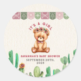 Teddy Bear Cactus Girl Baby Shower Fiesta Runder Aufkleber