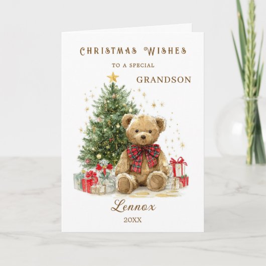 Teddy Bear Christmas Tree Grandson Feiertagskarte (Vorderseite)