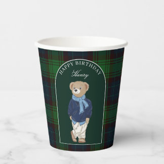 Teddy bear classic plaid birthday party custom pappbecher