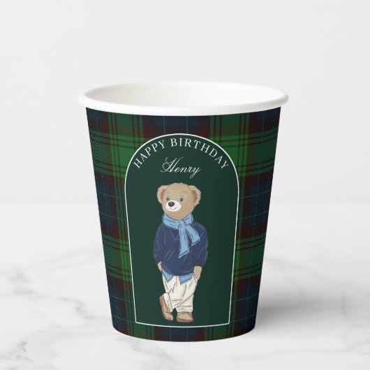 Teddy bear classic plaid birthday party custom pappbecher (Vorderseite)