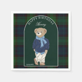 Teddy bear classic plaid birthday party custom serviette
