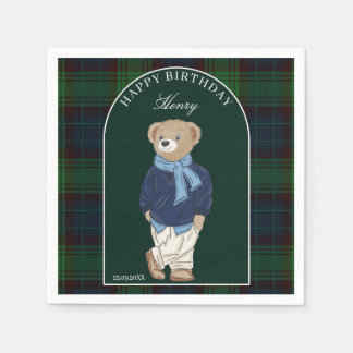 Teddy bear classic plaid birthday party custom serviette