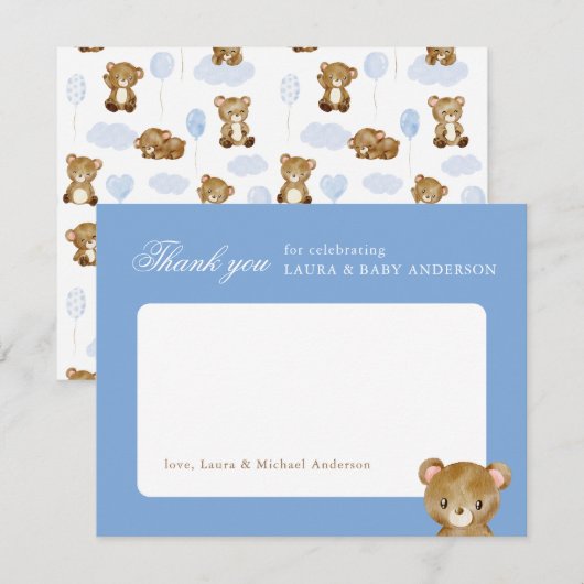 Teddy Bear Classic Script Blaues Babyshower Dankeskarte (Vorne/Hinten)