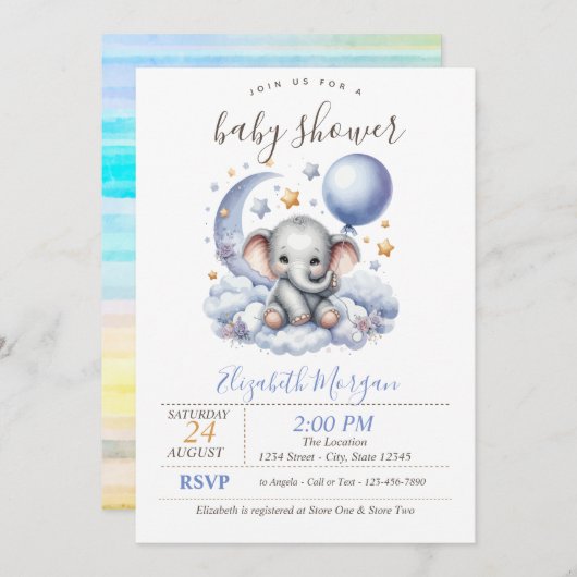 Teddy Bear Cloud Stars Streifen Babydusche Einladung (Vorne/Hinten)