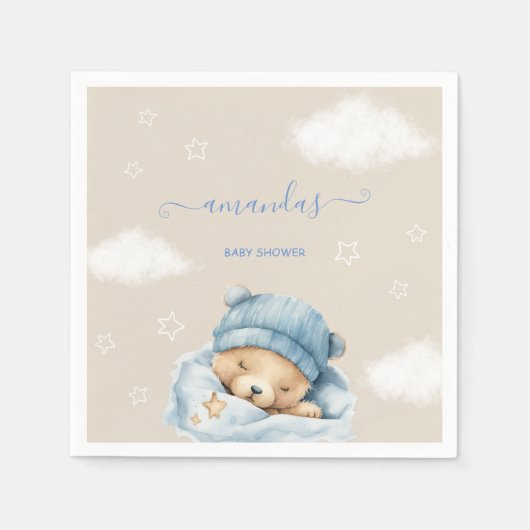 Teddy Bear & Clouds Light Brown Blue Baby Dusche Serviette (Vorderseite)