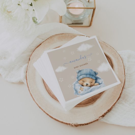 Teddy Bear & Clouds Light Brown Blue Baby Dusche Serviette