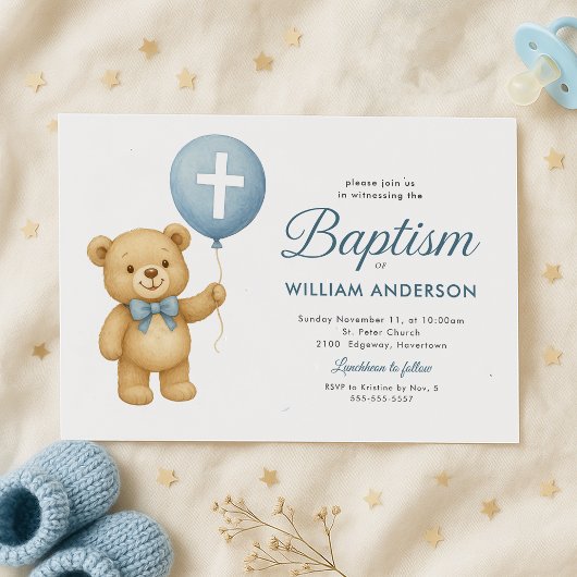 Teddy Bear & Cross Baptisse Einladung