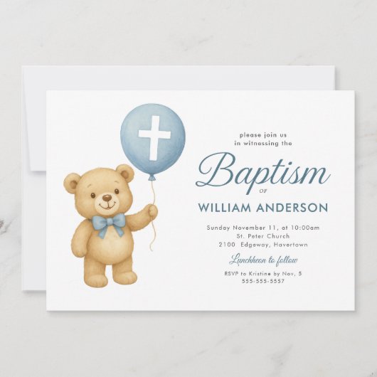 Teddy Bear & Cross Baptisse Einladung (Vorderseite)