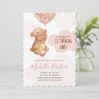 Teddy Bear Cub Pink Clouds 1. Geburtstag Einladung