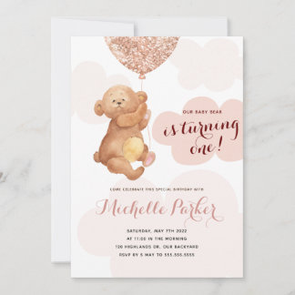 Teddy Bear Cub Pink Clouds 1. Geburtstag Einladung