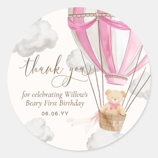 Teddy Bear Danke, Beary First Birthday Runder Aufkleber (Vorderseite)