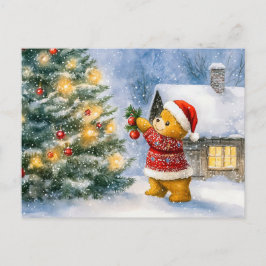 Teddy Bear Decorating a Christmas Tree in snowing  Postkarte