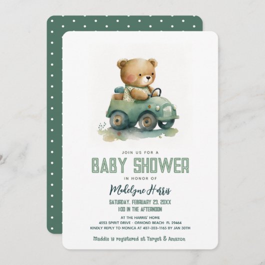 Teddy Bear Driving Toy Car Blue Baby Dusche Einladung (Vorne/Hinten)
