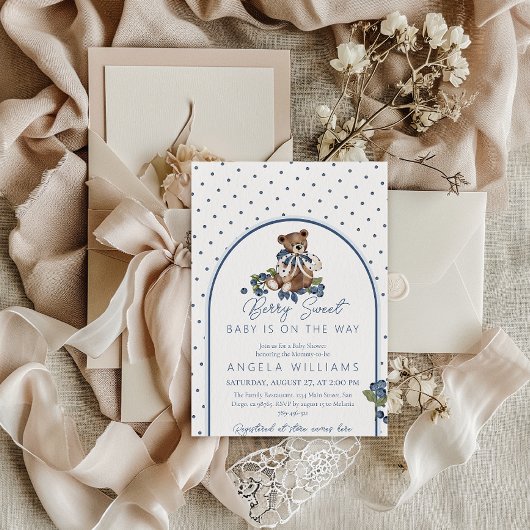 Teddy Bear Dusty Blue Berry Sweet Baby Dusche Einladung