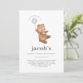 Teddy Bear Erster Geburtstag Einladung Blue Ballon (Stehend Vorderseite)