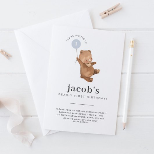 Teddy Bear Erster Geburtstag Einladung Blue Ballon