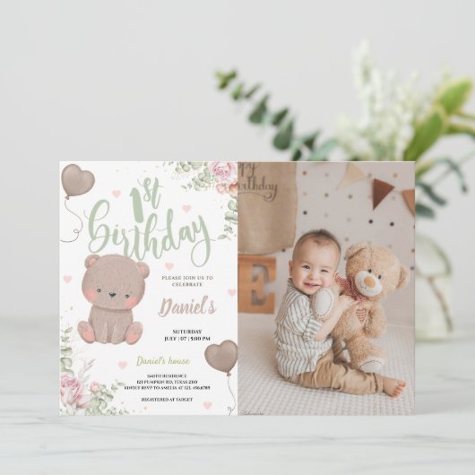 Teddy Bear Erstgeburt Einladungs-Fotokarte Einladung (Stehend Vorderseite)