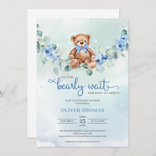 Teddy Bear Eucalyptus Wreath Boy Baby Showroom Einladung (Vorne/Hinten)
