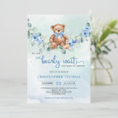 Teddy Bear Eucalyptus Wreath Boy Baby Showroom Einladung (Stehend Vorderseite)