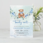 Teddy Bear Eucalyptus Wreath Boy Baby Showroom Einladung (Stehend Vorderseite)