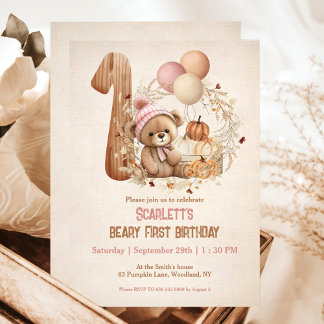 Teddy Bear Fall Pumpkins Girl Beary 1. Geburtstag Einladung