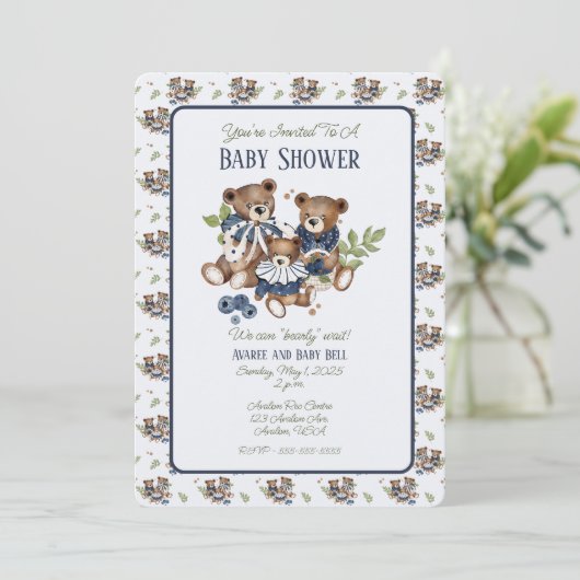 Teddy Bear Family Baby Boy Dusche Einladung (Stehend Vorderseite)