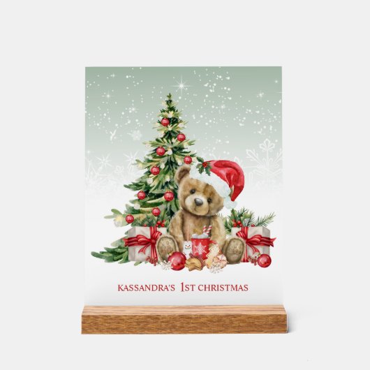 Teddy Bear farbenfrohe Bäume Baby 1. Weihnachten Acrylschild (Vorderseite)