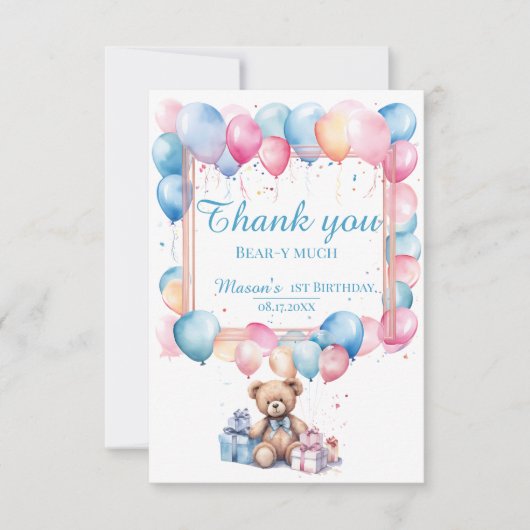 Teddy Bear farbenfroher Ballon Beary First Birthda Dankeskarte (Vorderseite)