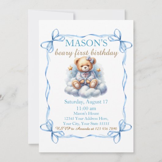 Teddy Bear farbenfroher Ballon Beary First Birthda Einladung (Vorderseite)