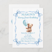 Teddy Bear farbenfroher Ballon Beary First Birthda Einladung (Vorne/Hinten)