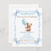 Teddy Bear farbenfroher Ballon Beary First Birthda Einladung (Vorne/Hinten)