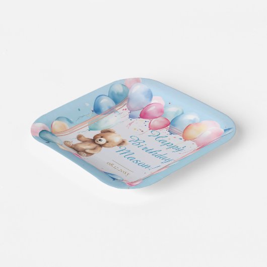 Teddy Bear farbenfroher Ballon Beary First Birthda Pappteller (Gewinkelt)
