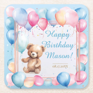 Teddy Bear farbenfroher Ballon Beary First Birthda Rechteckiger Pappuntersetzer