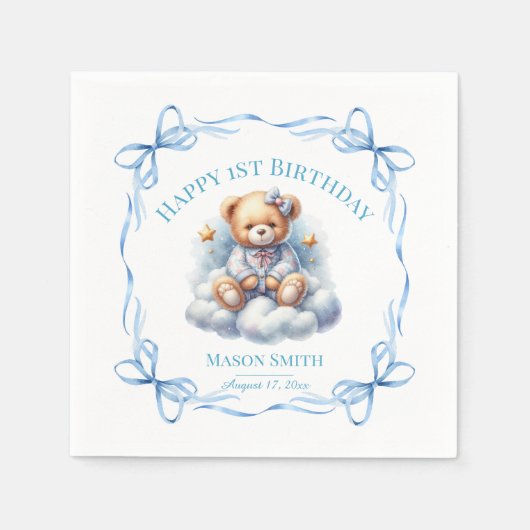 Teddy Bear farbenfroher Ballon Beary First Birthda Serviette (Vorderseite)