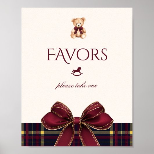 Teddy Bear Favors Red Gold Bow Plaid Poster (Vorne)