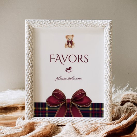 Teddy Bear Favors Red Gold Bow Plaid Poster