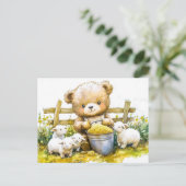 Teddy Bear Feeding Sheep on Farm Postkarte (Stehend Vorderseite)