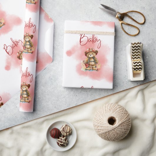 Teddy Bear Fireman Boy Baby Shower Geschenkpapier (Kunsthandwerk)