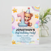 Teddy Bear First Birthday | Cute Boy 1st Birthday  Einladung (Stehend Vorderseite)