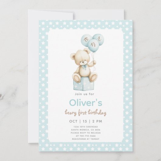 Teddy Bear First Birthday Einladung (Vorderseite)